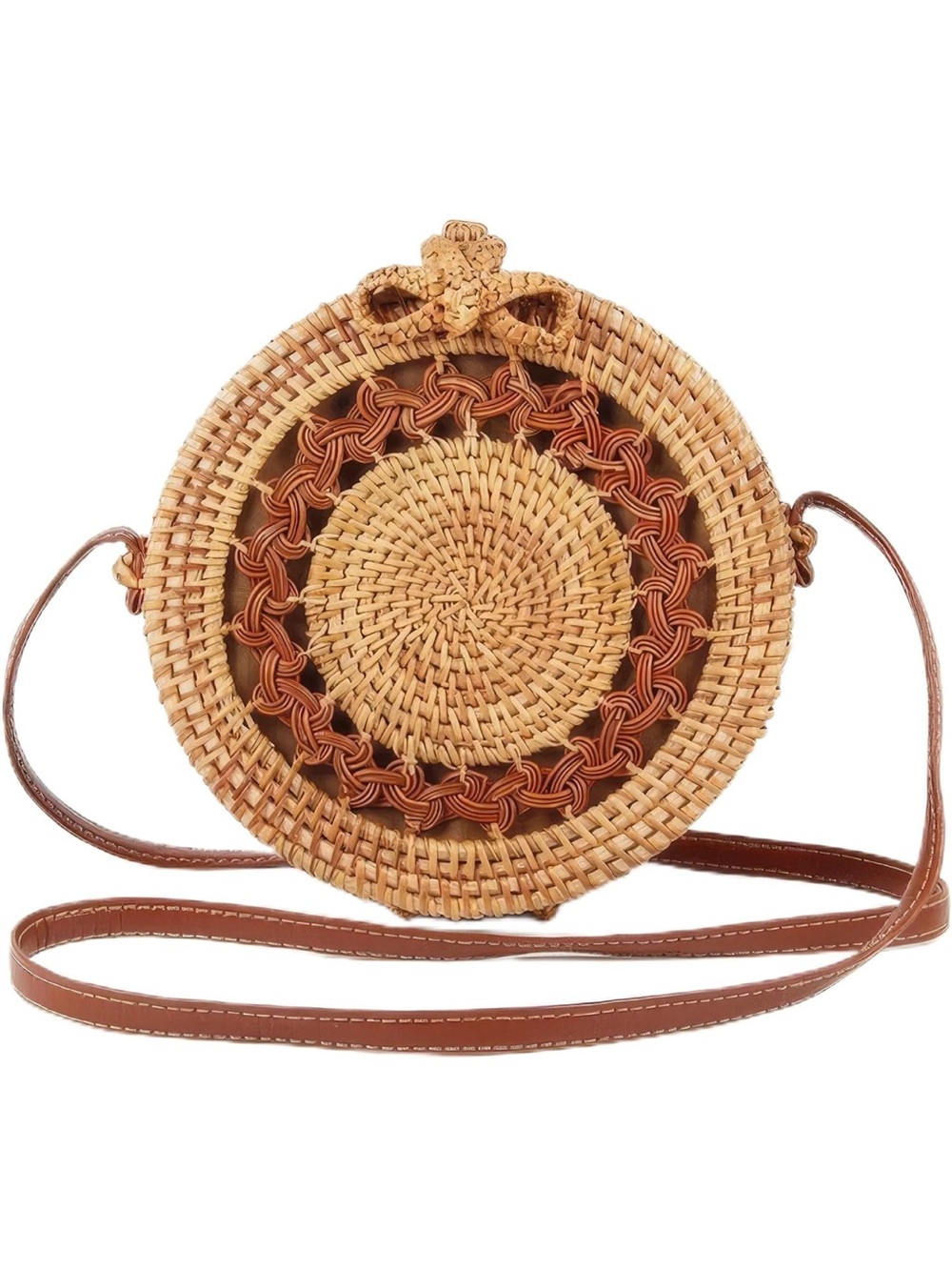 Round Woven Straw Crossbody Bag with Brown Leather Trim